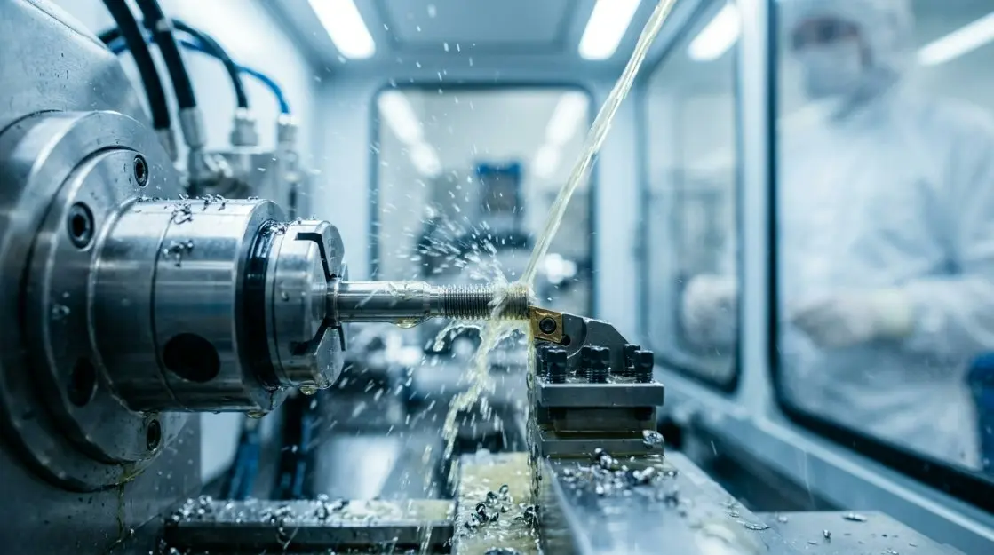 A close-up photograph of high-tech, multi-axis CNC milling machines operating inside a cleanroom-like environment, fabricating high-precision titanium medical bone screws with visible coolant spray.