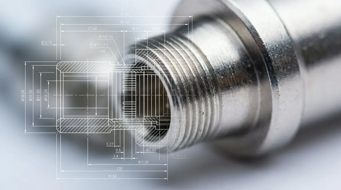 An detailed close-up engineering blueprint overlapping with a real-world photo of a microscopic medical connector, showcasing perfect threading and precision finishes.